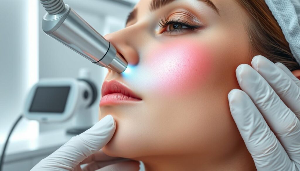 Pigmentation removal procedure in a modern, clean aesthetic clinic. Close-up view of a patient's skin, showing targeted laser treatment on discolored areas. Soft, diffused lighting illuminates the skin, highlighting the contrast between the treated and untreated regions. The middle ground features medical equipment, including a high-tech laser device, creating a professional, clinical atmosphere. The background showcases a minimalist, contemporary interior design with sleek, white walls and subtle accents, conveying a sense of serenity and advanced technology. The overall mood is one of precision, effectiveness, and a commitment to skin rejuvenation.