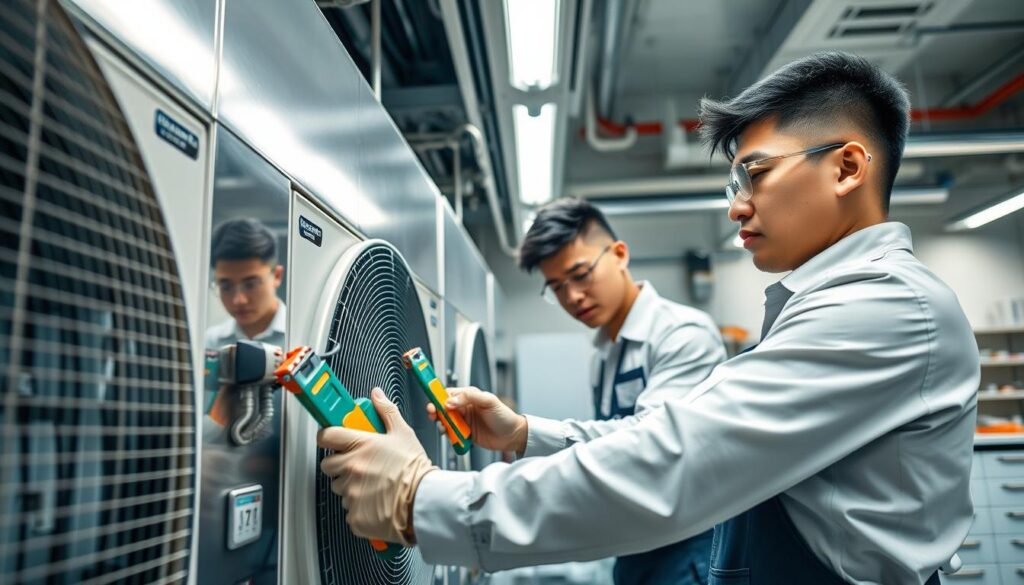 Professional Aircon Technicians, dressed in their crisp uniform, working diligently on a state-of-the-art air conditioning unit. The well-lit workshop features a sleek, modern design with gleaming metal surfaces and vibrant pops of color from their tools. The technicians, their faces focused with concentration, expertly handle the delicate components, ensuring the system is running at peak efficiency. In the background, a clean, organized workbench showcases the technicians' attention to detail and commitment to excellence. The overall atmosphere exudes professionalism, expertise, and a dedication to providing top-notch HVAC services.