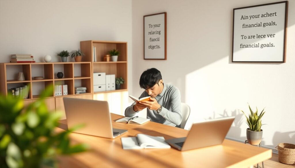 Prompt A minimalist, well-lit office scene with a wooden desk, a laptop, and a few potted plants. In the foreground, a person sits at the desk, hands on a notebook, deep in thought about their financial goals. The room has a calming, natural light filtering in through large windows, creating a serene and focused atmosphere. The background features a bookshelf with financial planning books and a framed inspirational quote about achieving financial stability. The overall scene conveys a sense of organization, clarity, and determination to reach one's financial objectives. Prompt A minimalist, well-lit office scene with a wooden desk, a laptop, and a few potted plants. In the foreground, a person sits at the desk, hands on a notebook, deep in thought about their financial goals. The room has a calming, natural light filtering in through large windows, creating a serene and focused atmosphere. The background features a bookshelf with financial planning books and a framed inspirational quote about achieving financial stability. The overall scene conveys a sense of organization, clarity, and determination to reach one's financial objectives.
