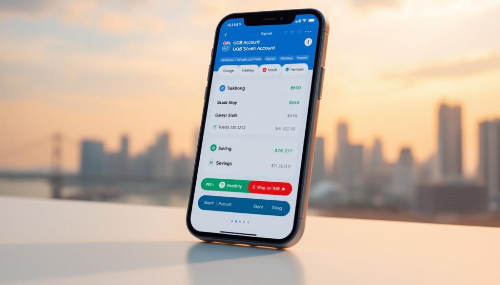 Prompt A sleek, modern banking interface with a clean, minimalist design. In the foreground, a mobile device displaying the UOB Stash Account dashboard, showcasing its intuitive user experience and seamless money management tools. The background features a serene cityscape, representing the financial stability and security offered by the account. Warm, natural lighting creates a calming atmosphere, highlighting the account's passive savings capabilities and suitability for those looking to grow their wealth effortlessly. The overall composition conveys a sense of financial well-being and confidence in UOB's reliable banking services.