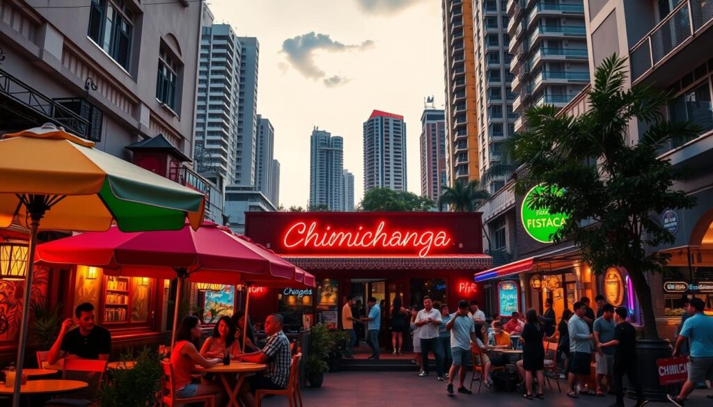 Prompt A vibrant street scene in Singapore, showcasing the bustling atmosphere of a popular Mexican restaurant. In the foreground, a cozy outdoor dining area with colorful umbrellas and lively patrons enjoying their meals. The middle ground features the restaurant's facade, adorned with vibrant murals and neon signage that reads "Chimichanga". In the background, the skyline of Singapore's modern high-rises provides a striking contrast to the authentic Mexican ambiance. The lighting is warm and inviting, capturing the essence of a lively evening in this cultural fusion of cuisines. The composition is balanced, drawing the viewer's eye towards the heart of the establishment, where the aroma of sizzling fajitas and the sound of laughter create an irresistible atmosphere.