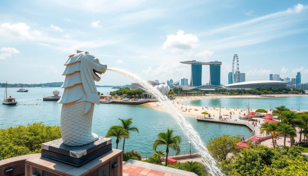 Sentosa Island, a picturesque oasis of lush greenery, pristine beaches, and family-friendly attractions nestled along the southern coast of Singapore. Capture the vibrant atmosphere with a wide-angle lens, showcasing the iconic Merlion statue in the foreground, its majestic spray of water cascading against the backdrop of the towering Resorts World Sentosa complex. In the middle ground, sunbathers and swimmers enjoy the crystal-clear waters of the island's beaches, while in the distance, the iconic Singapore Flyer and Marina Bay Sands skyline create a stunning cityscape. Bathe the scene in warm, golden sunlight, evoking a sense of carefree relaxation and the perfect escape from the bustling city.