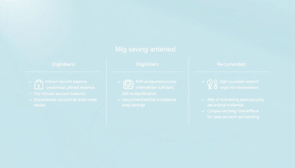 Sleek and modern savings account eligibility criteria displayed on a clean, minimalist background. A series of simple icons and infographic-style elements arranged in a grid layout, highlighting key requirements such as minimum account balance, age restrictions, and documentation needed. The design uses a soothing color palette of blues and grays, with subtle grid lines and geometric shapes to create a sense of organization and professionalism. Soft, diffused lighting from the top left casts gentle shadows, giving the image a welcoming, approachable feel. The overall composition conveys a sense of clarity and ease of understanding the eligibility criteria for this particular savings account offering.