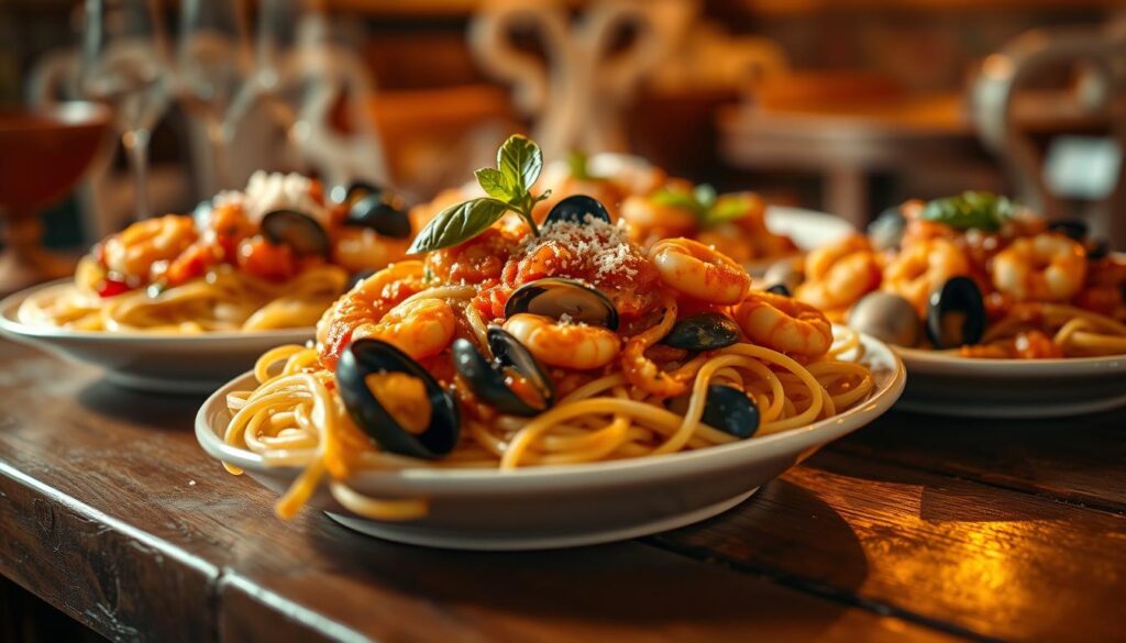 Sumptuous seafood pasta dishes, steaming and vibrant, nestled on a rustic wooden table. Fresh linguine or spaghetti, tossed with a medley of shrimp, mussels, and clams, in a rich, creamy tomato-based sauce. Garnished with fragrant basil leaves and a sprinkle of grated Parmesan cheese. The scene is illuminated by warm, golden lighting, casting a cozy, inviting atmosphere. Captured through a shallow depth of field lens, the focus draws the viewer's attention to the mouthwatering details of the dish, while the blurred background suggests the ambiance of an authentic Italian trattoria.