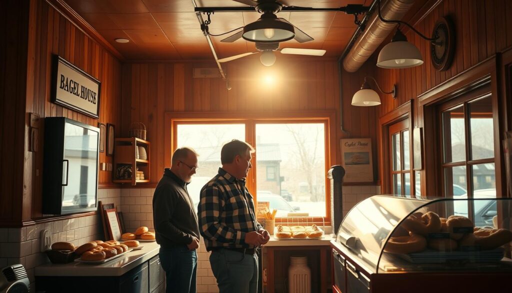 Two men standing at the counter of a cozy, old-fashioned bagel house. The warm, inviting interior features wooden paneling, subway tiles, and vintage light fixtures. The men are engaged in friendly conversation, examining an assortment of fresh-baked bagels on display. Sunlight streams in through large windows, casting a golden glow and highlighting the enticing aroma of baking bread. The atmosphere is one of neighborhood charm and local tradition, capturing the essence of a beloved community institution.