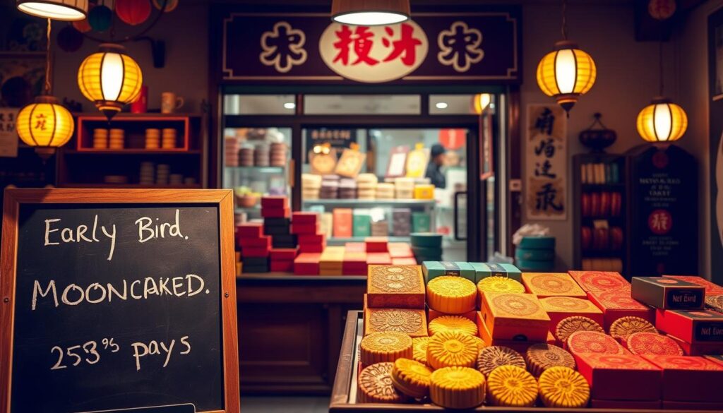 Vibrant mooncake displays in a cozy bakery, with early bird discounts prominently featured. Warm lighting casts a golden glow, highlighting the intricate patterns and rich colors of the mooncakes. In the foreground, a chalkboard sign showcases the limited-time promotion, while the middle ground features neatly arranged mooncake boxes in an array of flavors. The background depicts a charming, old-fashioned storefront with a welcoming atmosphere, inviting customers to discover the delectable delights within.