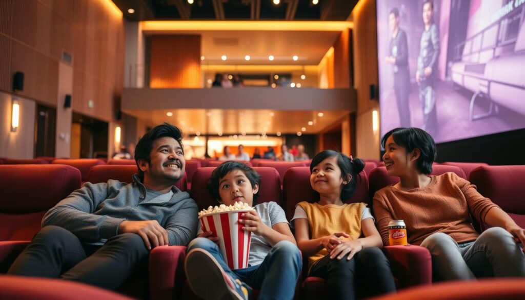 Warm, inviting family-friendly movie experience at Shaw Theatres Waterway Point. Spacious IMAX auditorium with plush, comfortable seating. Large screen fills the peripheral vision, immersing viewers in the cinematic world. Soft lighting sets a cozy mood, enhancing the sense of escape. Parents and children seated together, eyes fixed on the screen, sharing moments of wonder and laughter. Popcorn and drinks within easy reach, adding to the festive atmosphere. Behind the group, the modern architectural design of the theater lobby, with clean lines and natural materials. Overall, a welcoming and engaging environment that caters to all ages.