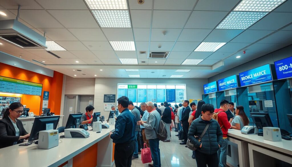 a busy currency exchange office with a large counter, tellers working at computer terminals, customers waiting in line, bright overhead lighting, wide-angle lens perspective to capture the full scene, a professional and efficient atmosphere, vibrant colors, modern decor and furnishings, a sense of financial activity and transactions taking place, a clean and organized workspace, security measures like cameras and barriers visible, a dynamic and bustling environment typical of a successful business currency exchange service