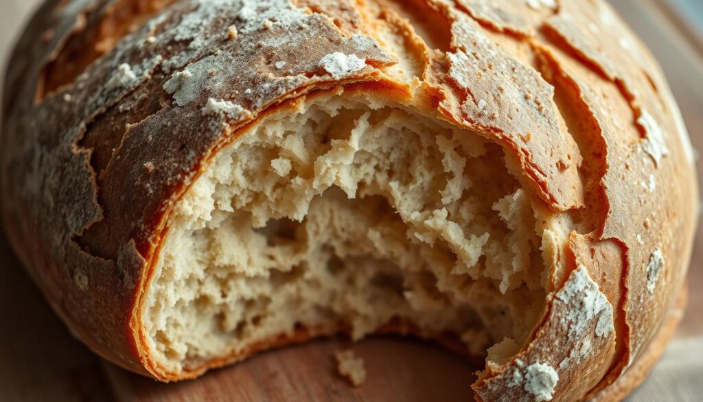 a close-up, high-resolution photograph of a freshly baked sourdough loaf, capturing the intricate texture and golden-brown hue of the crust. The lighting is soft and natural, accentuating the subtle variations in the crust's surface. The angle is slightly elevated, providing a detailed view of the bread's cross-section, showcasing the irregular, open crumb structure that is characteristic of well-fermented sourdough. The image conveys a sense of artisanal craftsmanship, with the crust's rustic appearance and the overall composition evoking the quality and attention to detail found in the best sourdough breads.