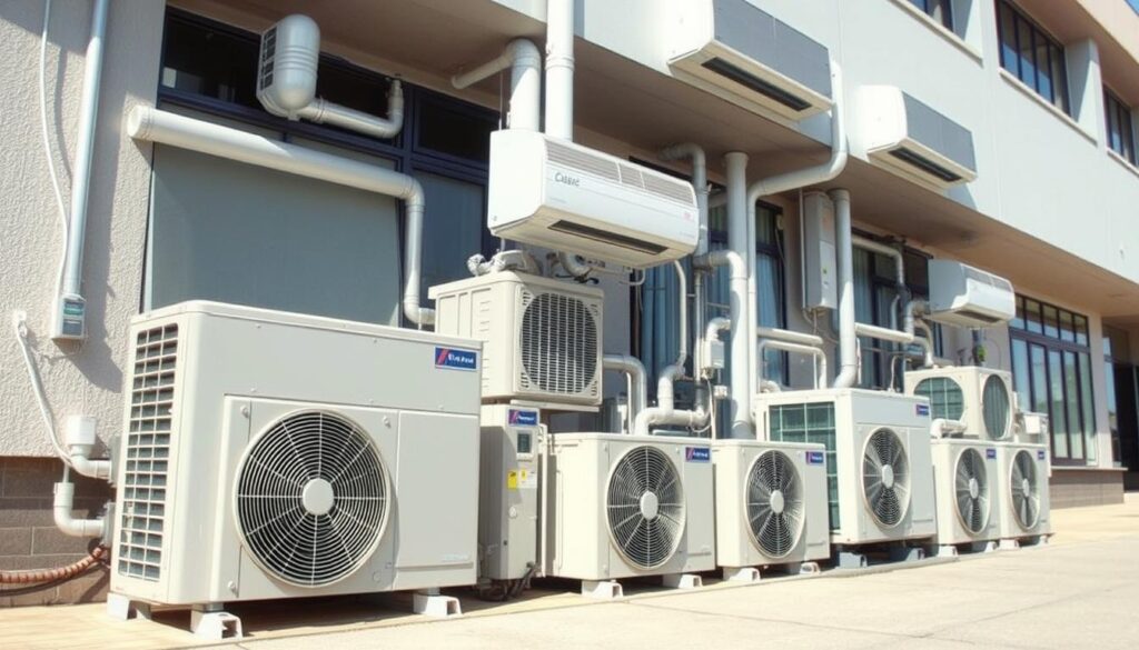 a complex aircon system with various components, including an outdoor condenser unit, indoor air handling units, and interconnecting refrigerant pipes, set against the backdrop of a modern commercial or residential building exterior. the system is illuminated by natural daylight, creating clean, crisp shadows and highlights. the overall scene conveys a sense of efficient, reliable climate control solutions for comprehensive aircon services.