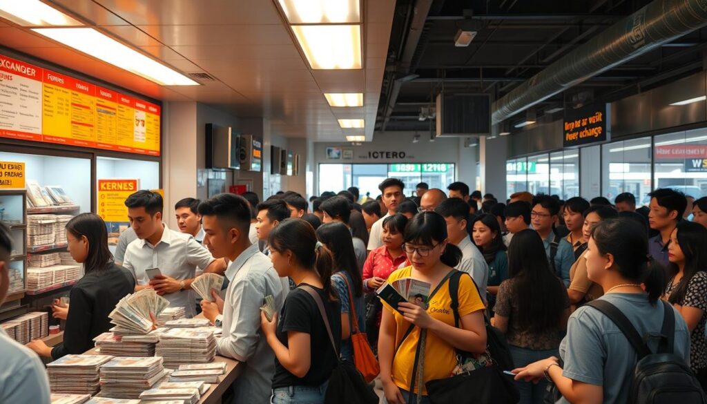 a crowded currency exchange shop in singapore, with a long line of people waiting to exchange their money. the interior is brightly lit, with fluorescent lights casting a warm glow on the scene. the counter is lined with stacks of different currencies, and the money changers are busy processing transactions. the customers are a diverse mix of locals and tourists, some holding wads of cash, others carrying passports and luggage. the atmosphere is lively and bustling, with a sense of efficiency and professionalism as the money changers work quickly to serve the queue. the overall scene conveys the vibrant and cosmopolitan nature of singapore's currency exchange services.