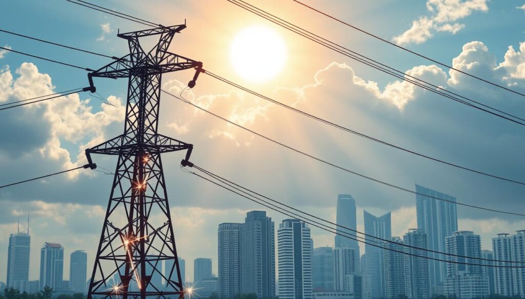 a detailed illustration of electricity tariff in singapore, showing a power line tower with electricity cables in the foreground, a cityscape of high-rise buildings in the middle ground, and a cloudy sky with sun rays peeking through in the background. the power line tower should be rendered with intricate metalwork and the electricity cables should be depicted with realistic electrical sparks and energy flow. the cityscape should feature a mix of modern skyscrapers and HDB flats, conveying the urban landscape of singapore. the lighting should be a combination of natural sunlight and artificial urban lighting, creating a sense of balance and harmony. the overall mood should be one of technological progress and energy efficiency, reflecting the theme of understanding electricity tariffs.