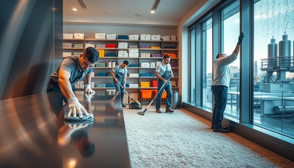 a highly detailed, hyperrealistic image of a specialized cleaning service in action, set in a modern, well-lit commercial space. In the foreground, a professional cleaner in a uniform is meticulously scrubbing a stainless steel surface with a microfiber cloth, ensuring a spotless finish. In the middle ground, another cleaner is vacuuming a plush, high-end carpet, while a third worker is wiping down a large window, leaving it streak-free and gleaming. The background features shelves stocked with specialized cleaning supplies, from color-coded microfiber mops to industrial-strength disinfectants. The lighting is warm and even, casting a soft glow over the scene and highlighting the attention to detail and professionalism of the cleaning team. The overall atmosphere conveys a sense of cleanliness, order, and efficiency, reflecting the specialized nature of the services offered.