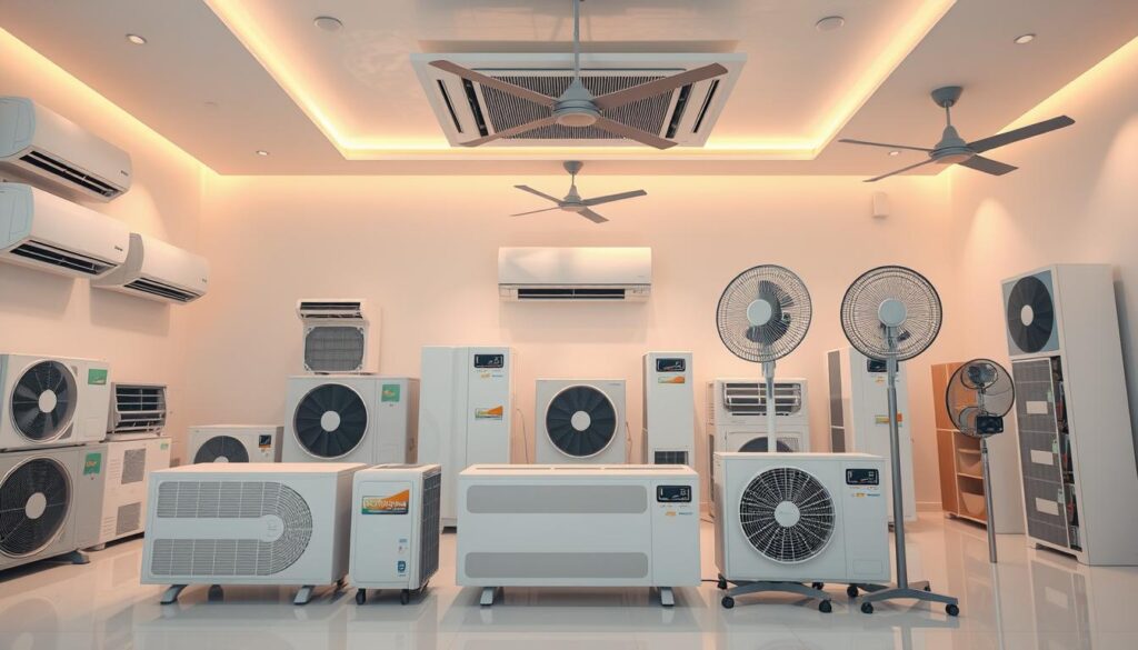 a highly detailed, photorealistic 8K image of various models of cooling systems, including air conditioning units, standing fans, and ceiling fans, neatly arranged in a modern, minimalist showroom setting with warm, diffused lighting, clean white walls and floors, and a sense of sleek, high-end design. The cooling systems are shown from multiple angles, highlighting their technical specifications, features, and overall aesthetic appeal. The image conveys a sense of sophistication and high-quality craftsmanship, suitable for showcasing the best aircon models for Singapore homes.