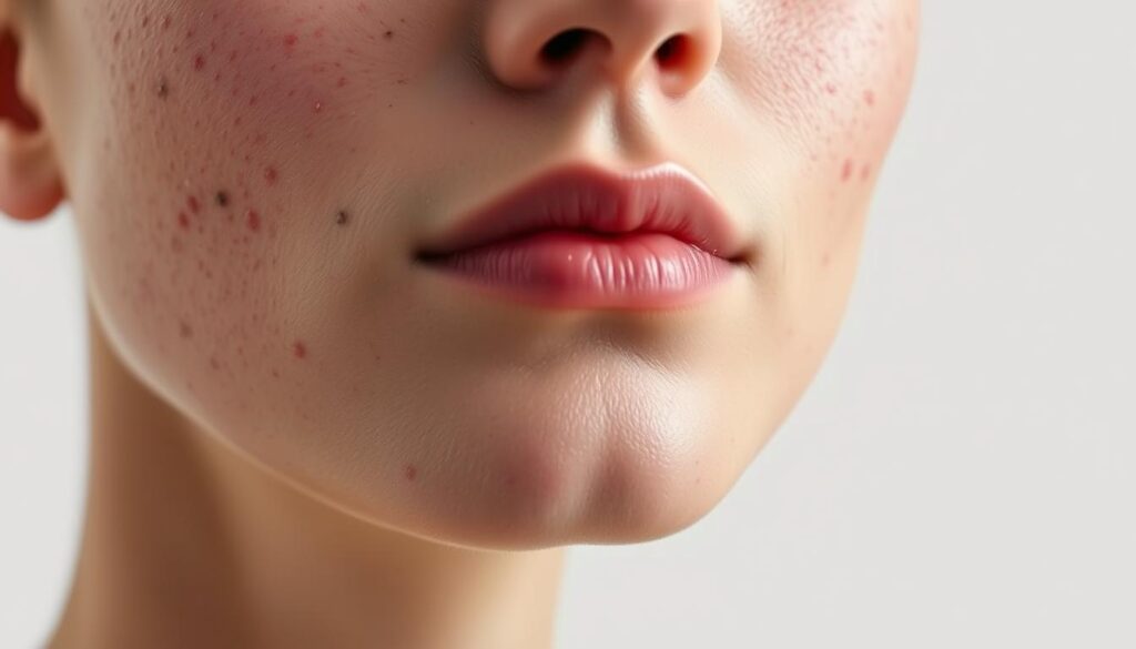 a highly detailed, photorealistic image of a close-up view of a person's face with visible acne, set against a plain white background. The lighting is soft and flattering, with a slightly diffused, even illumination that highlights the texture and imperfections of the skin. The angle is slightly angled from below, creating a sense of depth and dimensionality. The focus is sharp on the affected areas, allowing the viewer to clearly see the pimples, blackheads, and other blemishes. The overall mood is clinical and informative, conveying the idea of an aesthetic treatment or medical procedure. The image should be suitable for use in an article about the best aesthetic clinics in Singapore, specifically the "Little Cross Family Clinic" section.