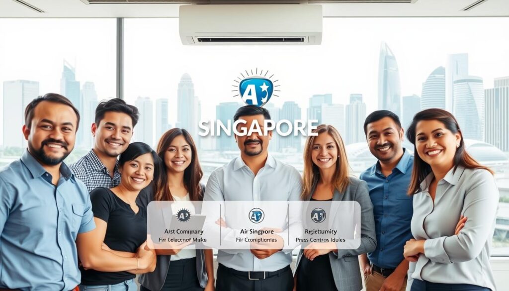 a professional, well-designed, and visually appealing image of a trusted air conditioning company in Singapore. The image should depict a modern, sleek, and trustworthy air conditioning service provider, showcasing their expertise and reliability. The foreground should feature a group of smiling, satisfied customers interacting with the company's representatives, conveying a sense of trust and satisfaction. The middle ground should display the company's logo, branding, and service offerings in a visually striking manner. The background should feature a clean, minimalist cityscape of Singapore, with skyscrapers and other iconic landmarks, emphasizing the company's local presence and reputation. The lighting should be soft and natural, creating a warm and inviting atmosphere. The overall composition should be balanced, with a focus on highlighting the company's professionalism and trustworthiness.