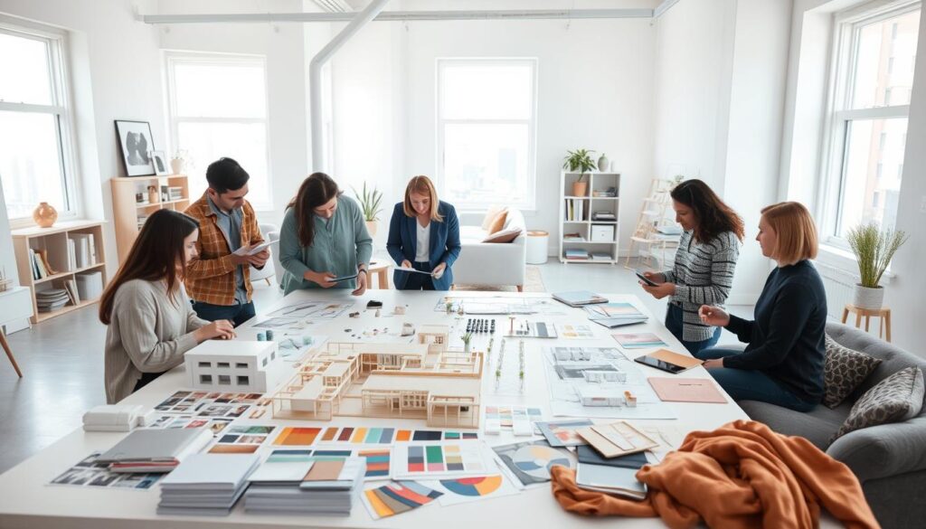 a spacious and bright interior design studio, with clean white walls and large windows overlooking a city skyline. In the foreground, a team of designers gathered around a table, using architectural models, sketches, and digital tablets to plan the layout and flow of a living space. The middle ground features a variety of furniture samples, color palettes, and textiles laid out for consideration. In the background, shelves filled with design books and mood boards provide inspiration. Soft, natural lighting filters through the windows, creating a collaborative and creative atmosphere. The scene conveys the importance of meticulous space planning in achieving a harmonious and functional interior design.