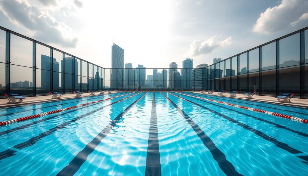 a stunning, Olympic-sized lap pool set in a sleek, modern Singapore cityscape. The pool is surrounded by a minimalist, glass-walled enclosure that allows for panoramic views of the skyline. The water is crystal-clear, with rippling reflections of the sky and high-rise buildings. Sleek, high-tech lane markers and starting blocks line the pool's edges, creating a competitive, athletic atmosphere. The poolside is dotted with state-of-the-art training equipment and spectator seating. Powerful overhead lighting bathes the scene in a bright, energizing glow, casting dramatic shadows across the pool's surface. This is the ultimate swimming destination for serious competitive swimmers, offering world-class facilities in the heart of one of Asia's most vibrant cities.