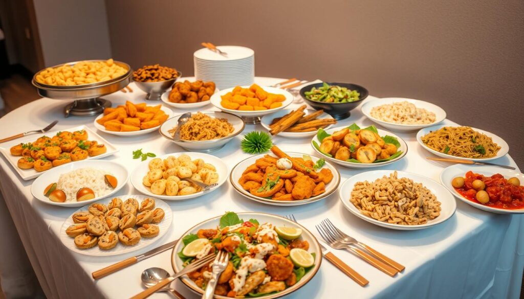 a table filled with a variety of affordable catering dishes, including platters of savory and sweet finger foods, hearty rice or noodle dishes, and fresh salads. The table is set in a simple yet elegant manner, with white tablecloth, wooden cutlery, and minimal decorations. The lighting is warm and inviting, creating a cozy atmosphere. In the background, there is a neutral color wall or backdrop, allowing the delicious-looking food to be the focal point. The overall scene conveys a sense of high-quality, budget-friendly catering options suitable for a range of events and occasions.