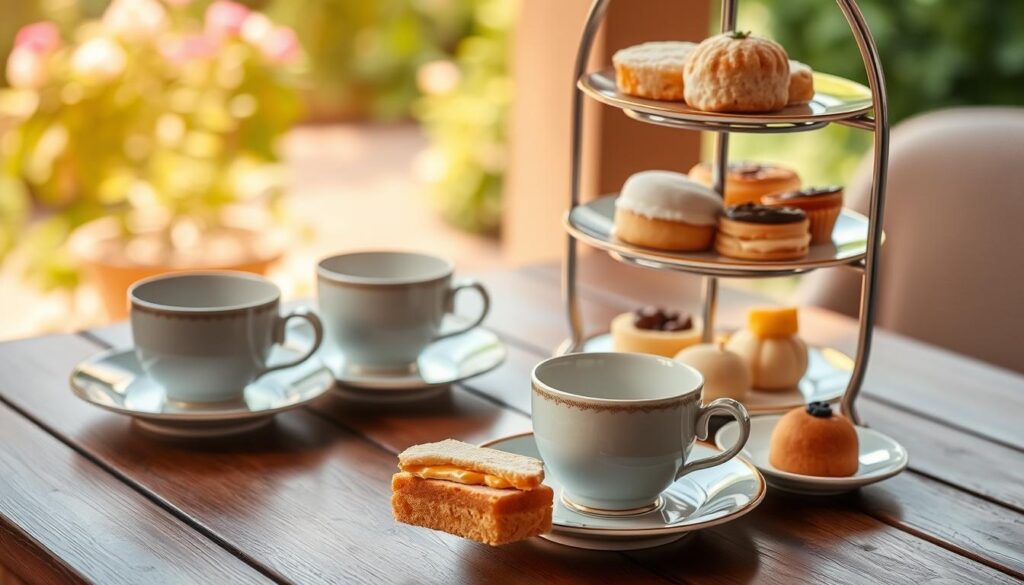 an elegant afternoon tea set with delicate porcelain cups and saucers arranged on a wooden table, accompanied by a tiered stand displaying a selection of freshly baked scones, finger sandwiches, and bite-sized pastries. the scene is bathed in warm, natural lighting, creating a cozy and inviting ambiance. the table is set against a backdrop of a soft, blurred garden, hinting at the tranquil setting. the overall composition conveys a sense of affordability, accessibility, and the quintessential afternoon tea experience.