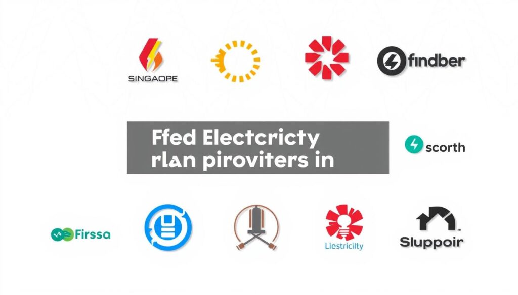 high quality, detailed, realistic illustration of the top electricity providers in singapore, showcasing their logos and brand identities in a clean, modern and visually striking composition. the logos are arranged in a grid-like layout, with each provider's symbol prominently featured against a minimalist, light-colored background. the overall scene is well-lit, using a combination of soft, directional lighting to accentuate the visual elements. the camera angle is slightly elevated, providing a clear, unobstructed view of the entire arrangement. the mood is professional, authoritative and informative, suitable for a business-focused article on electricity plans in singapore.