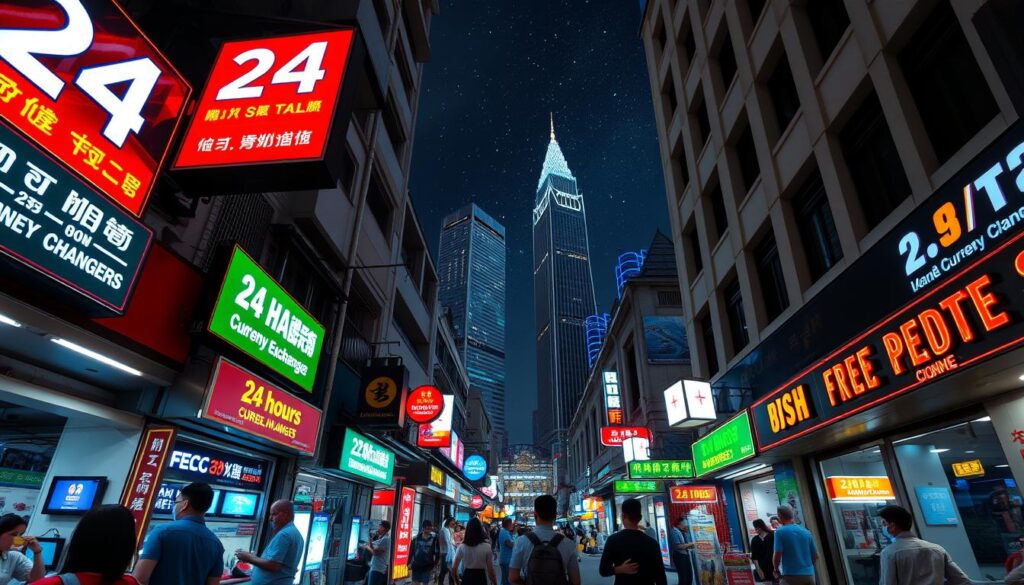 24-hour money changers in a bustling Singapore street, neon-lit signage illuminating the night. A wide-angle lens captures the scene, showcasing the vibrant atmosphere and the variety of currency exchange booths. The foreground features customers eagerly transacting with efficient staff, while the middle ground reveals the architectural details of the shophouses. In the background, towering skyscrapers and a starry sky create a striking contrast, hinting at the city's dynamic economy. The image conveys a sense of 24/7 convenience and the cosmopolitan nature of Singapore's financial landscape.