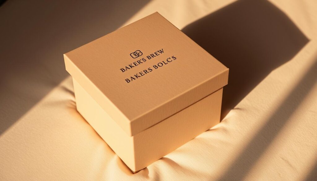 A beautifully crafted, minimalist box in muted tones of beige and brown, featuring the Baker's Brew logo subtly embossed on the lid. The box sits atop a soft, textured surface, bathed in warm, directional lighting that casts gentle shadows, highlighting the box's elegant simplicity. The composition is balanced and visually appealing, inviting the viewer to imagine the delectable cupcakes nestled inside, ready to be savored. The overall mood is one of sophistication, quality, and the promise of a delightful culinary experience.