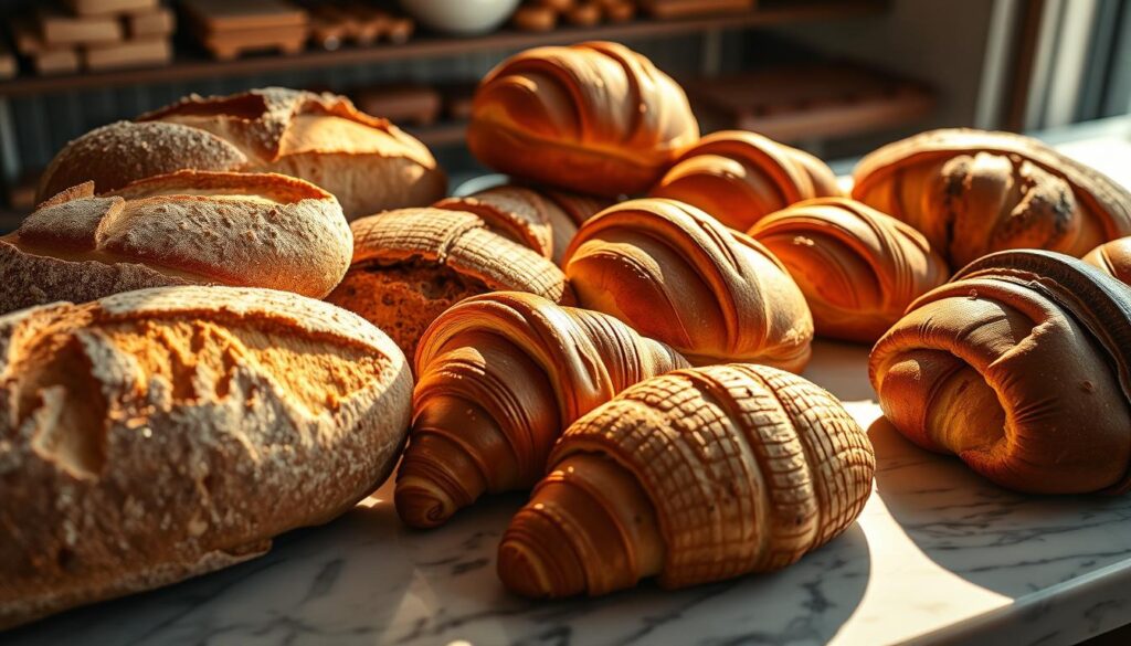A beautifully lit, high-angle close-up shot of an artisanal bakery display featuring an assortment of freshly baked breads and pastries. Crusty sourdough loaves, flaky croissants, and delicate pain au chocolat are arranged in a visually appealing manner, casting soft shadows on the marble countertop. The warm, golden lighting highlights the rich textures and natural colors of the baked goods, creating an inviting and mouthwatering scene. The background is softly blurred, drawing the viewer's focus to the carefully crafted, handmade quality of the breads and pastries.