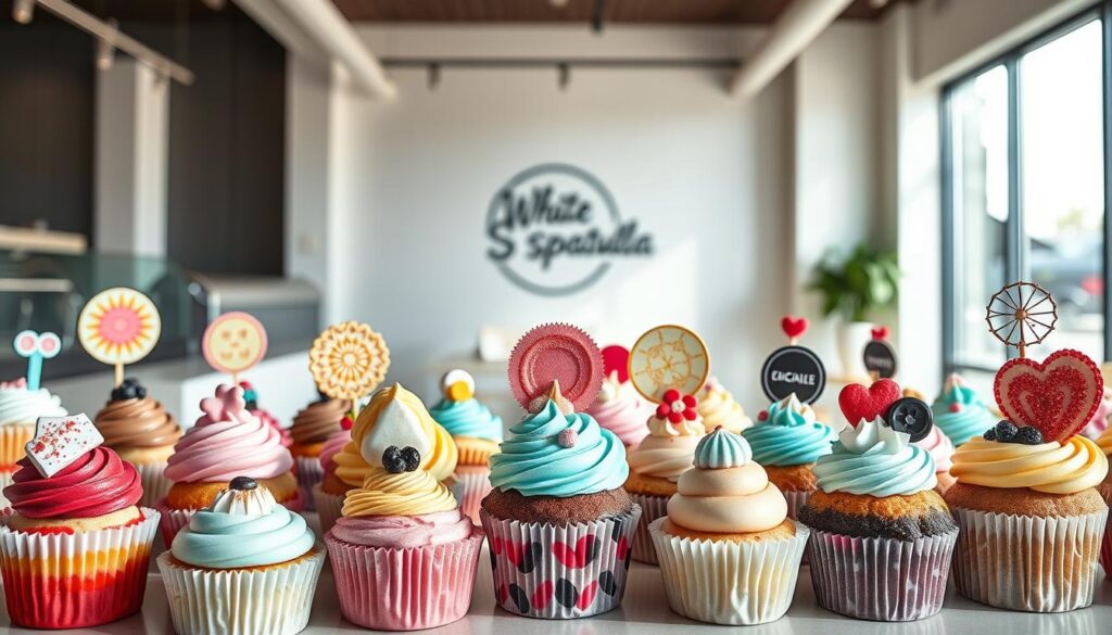 A beautifully lit, high-resolution image of an assortment of innovative and visually stunning cupcake creations from the renowned White Spatula bakery. In the foreground, an artfully arranged display of cupcakes in a variety of inventive flavors and designs, including vibrant colors, intricate patterns, and unique toppings that defy traditional cupcake expectations. The middle ground showcases the bakery's minimalist, modern interior with clean lines and a neutral color palette, allowing the cupcakes to take center stage. The background features soft, natural lighting streaming in through large windows, creating a warm and inviting atmosphere. The overall composition emphasizes the bakery's dedication to crafting visually captivating and delectable cupcakes that push the boundaries of traditional dessert design.