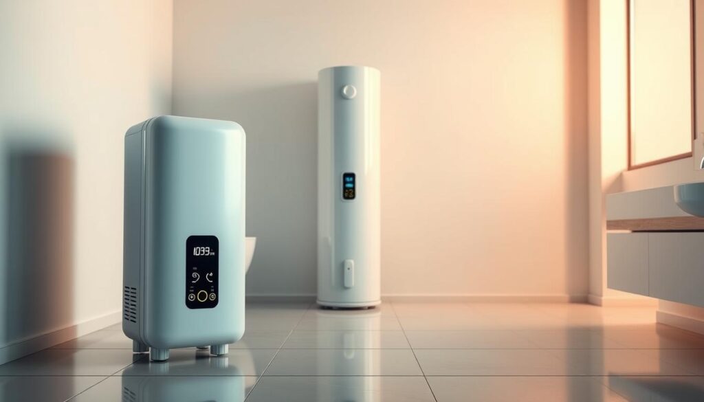 A beautifully lit, wide-angle scene showcasing the key differences between instant and storage water heaters. In the foreground, an instant water heater with a sleek, compact design stands proudly, its digital display glowing. In the middle ground, a traditional storage water heater looms, its tall cylindrical form a testament to its capacity. The background features a minimalist bathroom setting, with clean lines and a soothing color palette to highlight the contrasting water heater technologies. The lighting is soft and warm, emphasizing the functional aesthetics of each appliance. Subtle reflections on the tiled floor add depth and dimension to the composition, inviting the viewer to compare and consider the merits of these two water heating solutions.