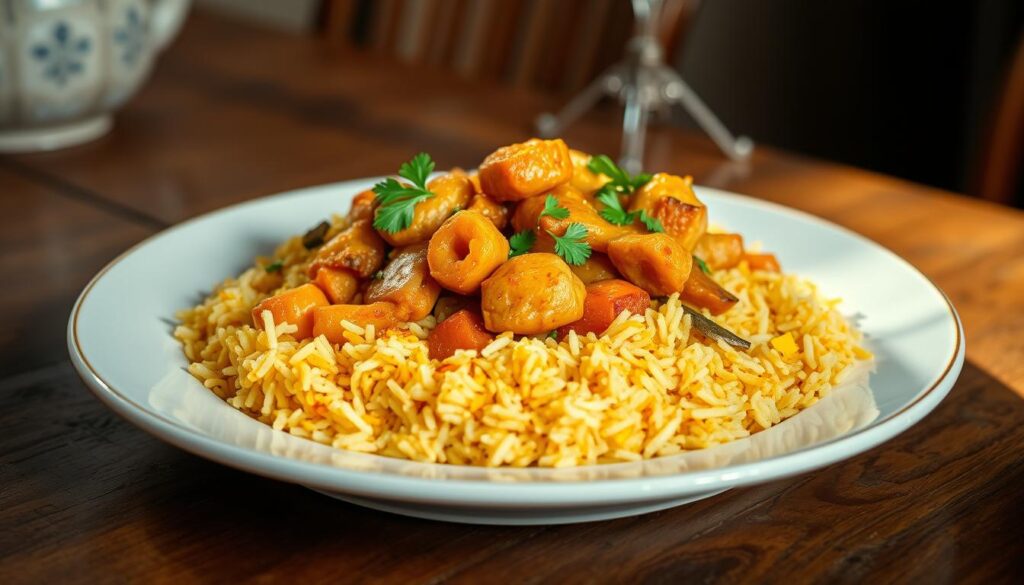 A beautifully plated breakfast briyani dish, steaming hot and aromatic, resting on a rustic wooden table. The brightly colored basmati rice is topped with tender, fragrant chicken, saffron-infused vegetables, and a sprinkling of fresh coriander leaves. The plate is illuminated by soft, natural lighting, casting warm, golden tones across the scene. The focus is sharp, with a shallow depth of field that softly blurs the background, drawing the viewer's attention to the delectable centerpiece. The overall mood is one of inviting comfort and homemade delight, perfectly capturing the essence of a cherished breakfast favorite.