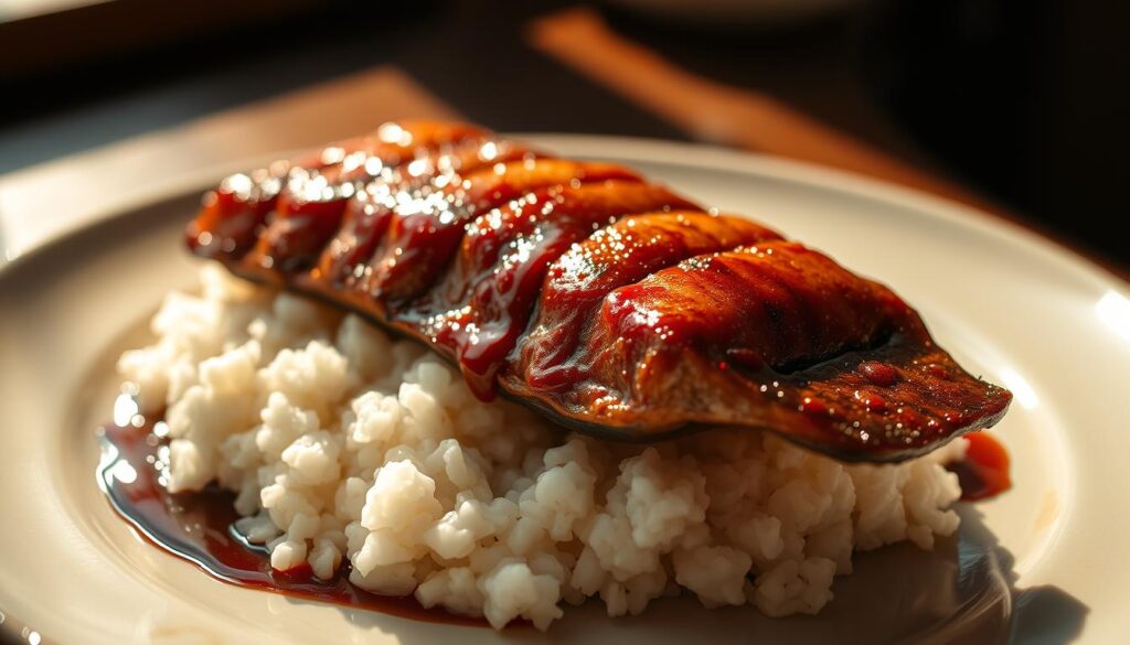 A beautifully presented dish of succulent unagi (grilled Japanese eel) resting atop a bed of fluffy white rice, garnished with a drizzle of sweet and savory unagi sauce. The eel is glistening with a caramelized, slightly charred exterior, hinting at the tender, flavor-packed flesh within. The scene is captured in a warm, natural lighting that casts soft shadows, emphasizing the dish's intricate textures and mouthwatering details. The frame is slightly angled, creating a sense of depth and drawing the viewer's eye directly to the star of the plate. The overall mood is one of refined elegance and culinary artistry, inviting the viewer to experience the renowned Uya Unagi restaurant in Singapore.