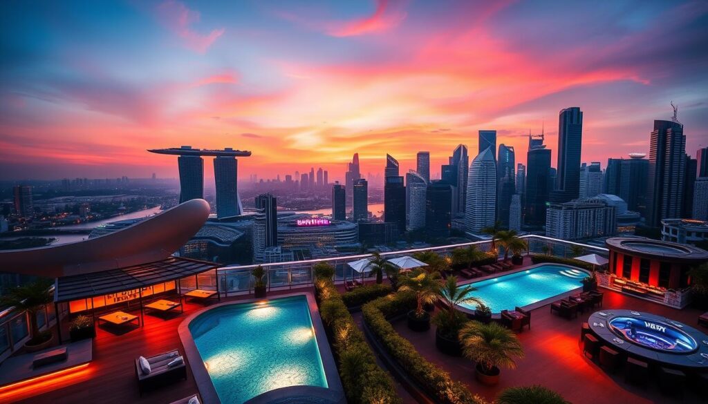 A breathtaking panorama of Singapore's iconic skyline at dusk, with the Marina Bay Sands and other towering skyscrapers silhouetted against a vibrant orange-pink sky. In the foreground, a lush rooftop oasis comes into view, complete with plush lounge seating, neon-lit bars, and a sparkling infinity pool overlooking the city. Warm lighting casts a inviting glow, while subtle haze and reflections create a sense of urban sophistication. The overall atmosphere is one of relaxation and indulgence, perfectly capturing the essence of Singapore's best rooftop bars and lounges.