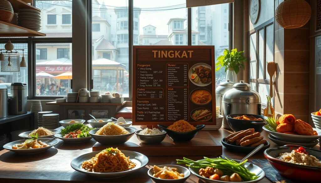 A bright, airy Tingkat kitchen showcasing an array of delectable Singaporean dishes. In the foreground, a wooden menu board displays the day's offerings - from fragrant nasi goreng to tender beef rendang, each item portrayed with vivid photorealistic detail. Sunlight streams through large windows, casting a warm glow over the scene. In the background, glimpses of a bustling Singaporean neighborhood can be seen, hinting at the authentic flavors and traditions that inspired this menu. The overall atmosphere is one of inviting hospitality, enticing the viewer to explore the culinary delights of this Tingkat experience.