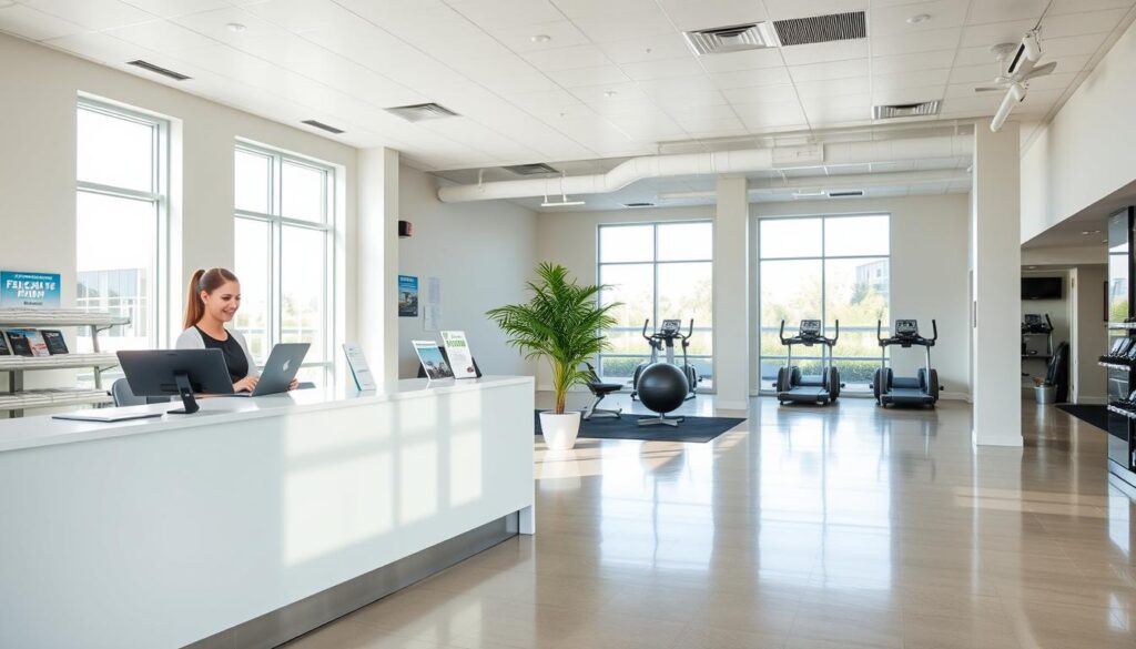 A bright, airy gym registration area with an inviting and modern aesthetic. The foreground features a sleek, minimalist counter with a welcoming receptionist, a tablet for sign-in, and informative brochures. The middle ground showcases a lounge seating area with ergonomic chairs and a potted plant, creating a comfortable waiting zone. The background illuminates the space with large windows, allowing natural light to flood in and reflecting off the polished floors. The overall atmosphere exudes a sense of professionalism, cleanliness, and an eagerness to assist new members in their fitness journey.