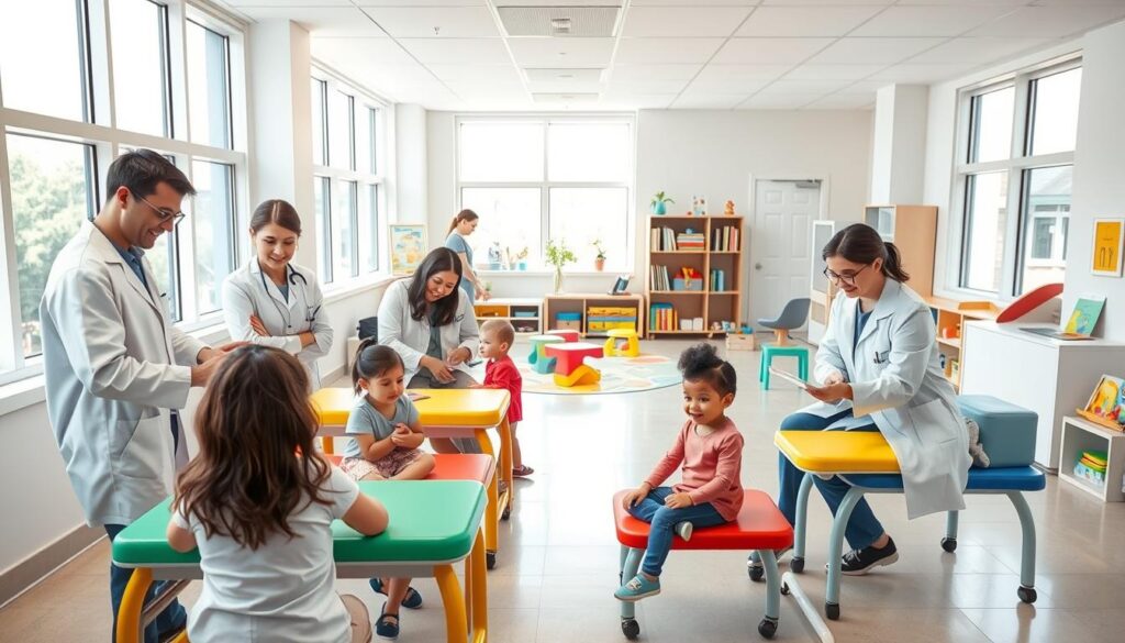 A bright, airy pediatric clinic with large windows flooding the space with natural light. In the foreground, a team of friendly, attentive healthcare professionals in white coats provide checkups and administer vaccines to smiling children seated on colorful examination tables. In the middle ground, parents and caregivers engage in educational discussions with the staff, learning about child health and wellness. The background features an inviting play area filled with educational toys, books, and a cozy reading nook, creating a warm, welcoming atmosphere for families. The lighting is soft and diffused, emanating a sense of care, comfort, and professionalism.