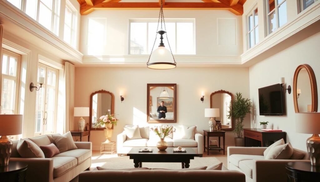 A bright, airy room with warm, natural lighting cascading through large windows. A central pendant light fixture casts a soft, ambient glow, complemented by strategically placed wall sconces and table lamps to create a cohesive, well-lit space. The furniture is arranged to maximize the flow of light, with mirrors strategically placed to reflect and amplify the illumination. The color palette features muted, earthy tones that enhance the cozy, inviting atmosphere. The overall scene conveys a sense of balance, comfort, and functionality - the perfect illustration of how to choose the right lighting for your living space. A bright, airy room with warm, natural lighting cascading through large windows. A central pendant light fixture casts a soft, ambient glow, complemented by strategically placed wall sconces and table lamps to create a cohesive, well-lit space. The furniture is arranged to maximize the flow of light, with mirrors strategically placed to reflect and amplify the illumination. The color palette features muted, earthy tones that enhance the cozy, inviting atmosphere. The overall scene conveys a sense of balance, comfort, and functionality - the perfect illustration of how to choose the right lighting for your living space.