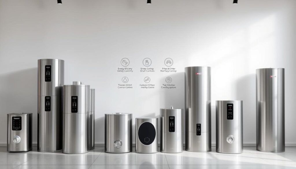 A bright and modern display of top water heater models in Singapore. The foreground features a diverse array of sleek, stainless steel water heaters in various sizes and shapes, showcased against a clean, minimalist backdrop. The middle ground highlights key technical details such as energy efficiency ratings, smart controls, and installation options. The background provides a serene, almost studio-like setting with soft, diffused lighting that accentuates the gleaming surfaces and modern aesthetic. The overall composition conveys a sense of sophisticated practicality, highlighting the best water heater options for discerning Singaporean consumers.