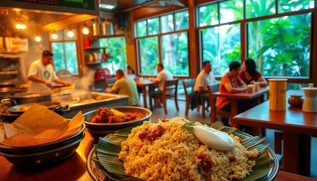 A bustling 24-hour nasi briyani eatery, the IMAM Banana Leaf Restaurant serves up aromatic, perfectly cooked rice and tender, flavorful chicken or mutton in a cozy, vibrant atmosphere. Bathed in warm, golden lighting, the scene captures the restaurant's signature banana leaf presentation, complete with crisp papadum, tangy achar, and a generous dollop of cooling raita. The foreground features the steaming, fragrant briyani, while the middle ground showcases the busy kitchen staff tending to sizzling pans. In the background, patrons relax at wooden tables, savoring the comforting, homestyle meal against a backdrop of lush, tropical greenery visible through the open-air windows.