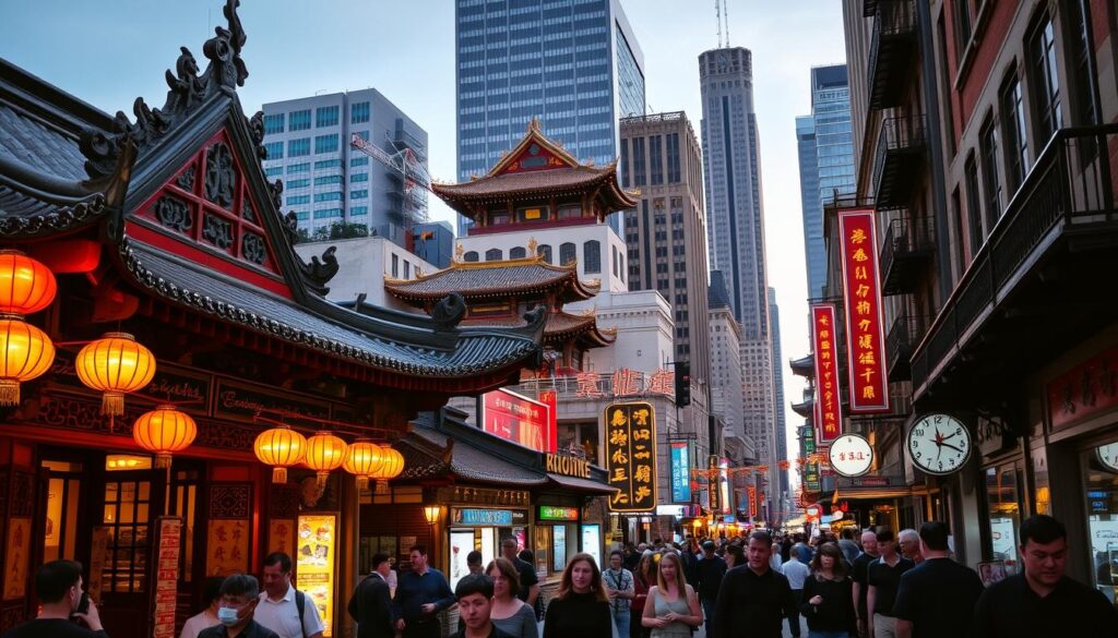 A bustling Chinatown street scene, illuminated by warm lanterns and neon signs. In the foreground, a traditional Chinese shop front with intricate carved facades and decorative tiled roofs. People stroll along the crowded sidewalks, taking in the sights and sounds of this vibrant cultural hub. The middle ground features iconic landmarks like ornate temples and historic shophouses, their detailed architecture casting long shadows in the soft evening light. In the background, skyscrapers and modern high-rises provide a striking contrast, hinting at the city's blend of old and new. An atmospheric, immersive image capturing the spirit and energy of Chinatown as a celebrated cultural gem.