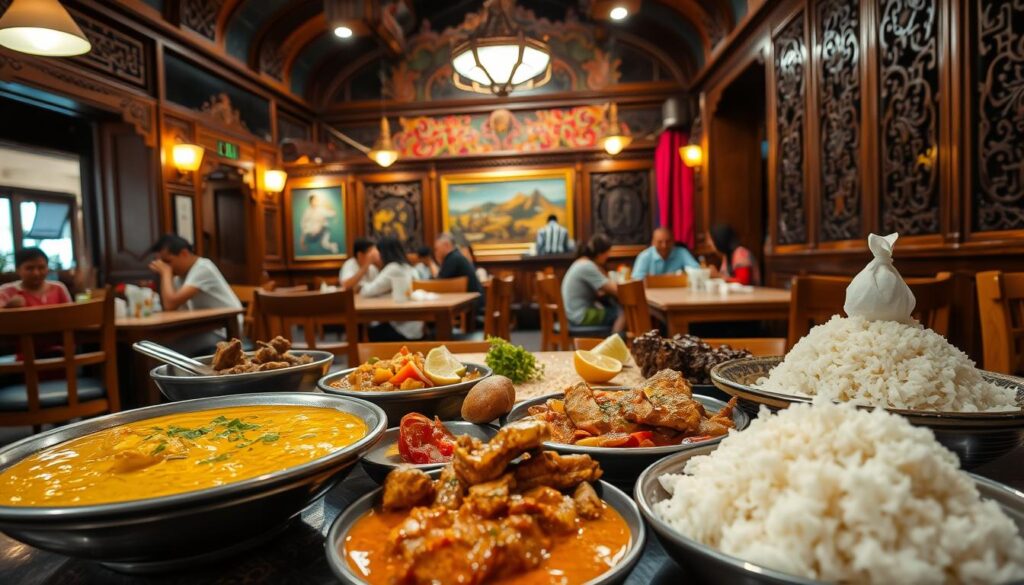 A bustling Indonesian restaurant interior, with warm lighting casting a cozy glow. In the foreground, a sumptuous spread of traditional halal dishes - fragrant yellow curry, spicy sambal, tender rendang, and fluffy steamed rice. The middle ground features wooden tables and chairs, with patrons savoring the flavors. The background showcases intricately carved wooden paneling and vibrant batik textiles, evoking the rich cultural heritage of Indonesia. The scene exudes a welcoming, authentic atmosphere, inviting the viewer to immerse themselves in the flavors and ambiance of this halal Indonesian fare.