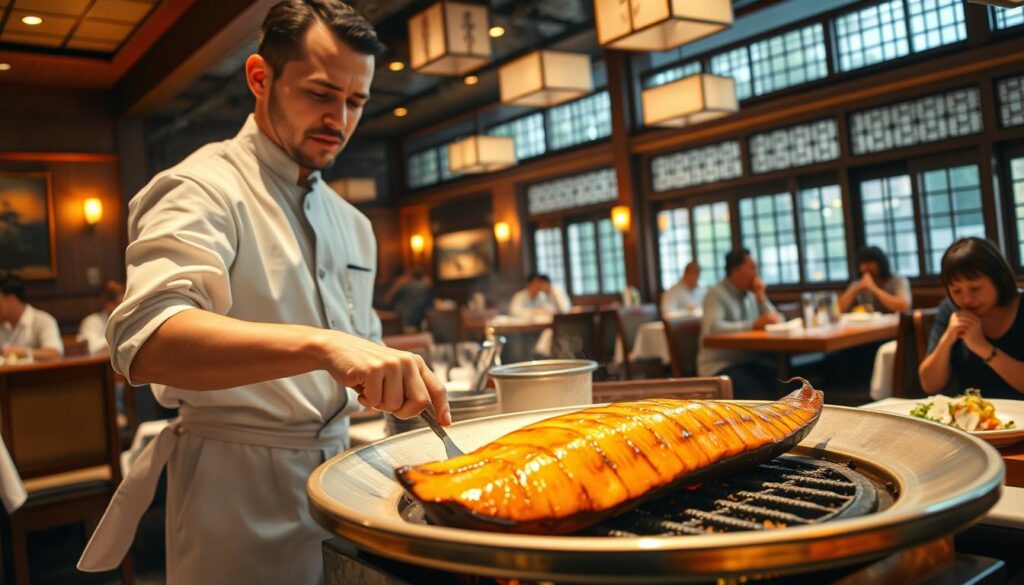 A bustling Japanese restaurant with a warm, inviting atmosphere. In the foreground, a man in a crisp white uniform expertly prepares a mouthwatering dish of freshly grilled unagi, the glistening eel gently sizzling over an open flame. The middle ground showcases the restaurant's elegant wooden furnishings and traditional decor, creating an authentic Japanese dining experience. In the background, patrons enjoy their meals, the chatter and laughter adding to the lively ambiance. Soft, warm lighting casts a cozy glow, while large windows allow natural light to filter in, illuminating the scene. The overall composition conveys a sense of traditional craftsmanship, delicious flavors, and a welcoming, immersive dining atmosphere.