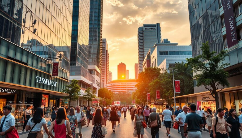 A bustling Orchard Road in Singapore, the iconic shopping district comes alive with a vibrant array of modern malls, quaint boutiques, and lively street markets. In the foreground, well-dressed shoppers browse through the latest fashion trends, their reflections mirrored in the sleek glass facades of towering skyscrapers. The middle ground showcases the iconic Orchard Road landmarks, from the striking Takashimaya Shopping Centre to the lush greenery of the Singapore Botanic Gardens. The background features a warm, golden sunset, casting a soft glow over the scene and creating a sense of tranquility amidst the urban hustle. Soft, diffused lighting accentuates the energy and excitement of this shopper's paradise, inviting visitors to immerse themselves in the heart of Singapore's vibrant retail experience.