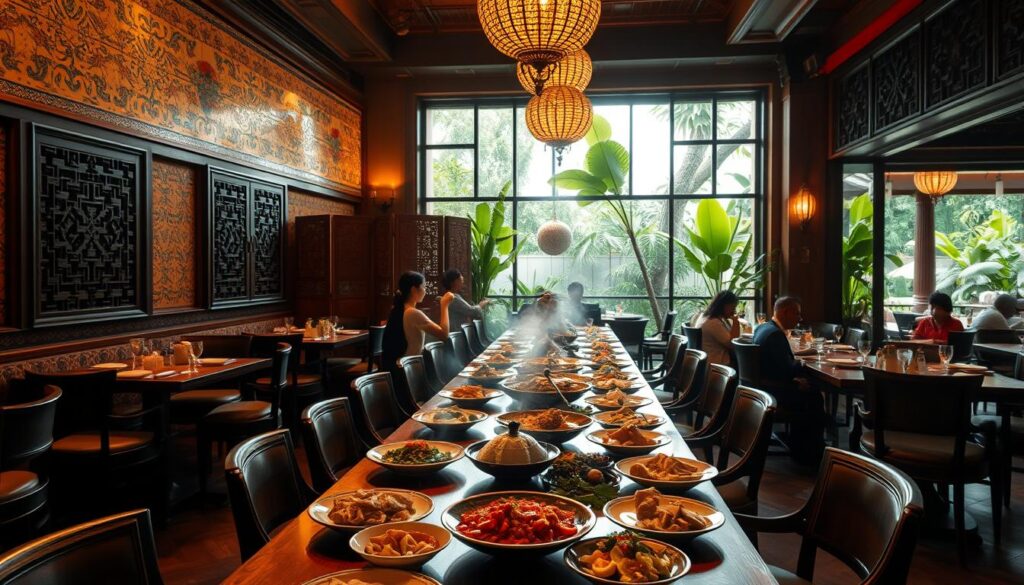 A bustling Peranakan restaurant interior, dimly lit with warm, golden tones. In the foreground, a long wooden table is set with an array of traditional Peranakan dishes, steaming hot and vibrant in color. Middle ground showcases ornate decorative elements, like intricate ceramic tiles, carved wooden screens, and plush, patterned textiles. The background features large windows overlooking a lush tropical garden, creating a sense of tranquility and connection to nature. Soft, diffused lighting casts gentle shadows, evoking an intimate, inviting atmosphere. The scene radiates a harmonious blend of cultural influences, reflecting the multicultural essence of Peranakan cuisine.