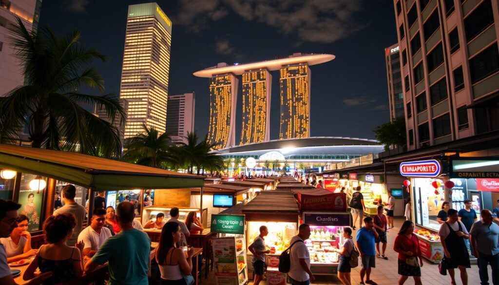 A bustling Singapore cityscape, capturing the vibrant entertainment and activities on offer. In the foreground, a group of friends enjoying a night out, dining at an al-fresco restaurant with Singapore's iconic architecture as the backdrop. In the middle ground, a lively street market filled with colorful stalls, hawkers, and locals immersed in the local culture. The background showcases the stunning Marina Bay Sands, its futuristic design illuminated by warm, golden lighting, creating a captivating atmosphere. The scene is captured with a wide-angle lens, highlighting the depth and energy of this dynamic, diverse city. An image that truly embodies the spirit of Singapore's best entertainment and activities.