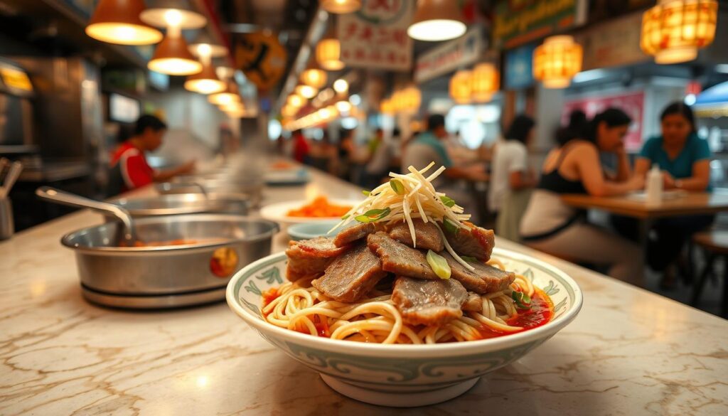 A bustling Singaporean hawker stall, brightly lit with warm golden tones, showcasing a delectable plate of Michelin-starred Hill Street Tai Hwa Pork Noodle. Plump, succulent pork slices nestled atop springy noodles, garnished with crisp bean sprouts, aromatic scallions, and a vibrant chili sauce. The stainless steel cookware and polished marble countertops reflect the skilled preparation, while the steam and aromas waft through the air, enticing passersby. Diners sit at the communal tables, savoring each bite in the lively, convivial atmosphere of this legendary hawker haunt.