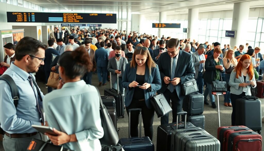 A bustling airport lounge, filled with frequent travelers. In the foreground, a group of business professionals engaged in animated discussions, laptops and briefcases in hand. Midground, a couple checking their boarding passes, their luggage neatly stacked beside them. In the background, a diverse array of travelers, some sipping coffee, others browsing duty-free shops, all with a sense of purpose and anticipation. Natural lighting streams through large windows, casting a warm glow over the scene. The atmosphere is one of efficiency and productivity, with a hint of excitement for the journeys ahead.