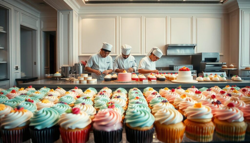 A bustling bakery counter showcasing an array of custom cakes and cupcakes, crafted with meticulous attention to detail. In the foreground, a display of meticulously decorated treats, their vibrant frosting and intricate designs capturing the eye. Behind, a team of skilled bakers in crisp white uniforms carefully assembles and pipes the next batch, their movements graceful and precise under warm, soft lighting. The background features an elegant, minimalist interior with clean lines and neutral tones, allowing the colorful pastries to take center stage. The overall atmosphere exudes a sense of artisanal pride and attention to quality, inviting the viewer to indulge in these handcrafted delights.
