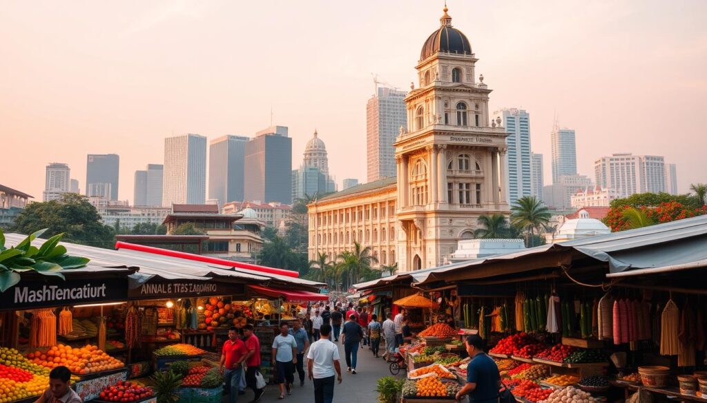 A bustling cityscape in Singapore, beyond the gleaming tech towers. In the foreground, a vibrant marketplace bustles with local vendors, their stalls overflowing with tropical fruits, fragrant spices, and handcrafted wares. The middle ground reveals a towering colonial-era building, its ornate facade bathed in warm, golden light. In the distance, the iconic skyline of Singapore's financial district rises, juxtaposed against a hazy, pink-tinged sky. The scene exudes a sense of cultural richness, celebrating the diverse industries and communities that thrive outside the tech bubble, making Singapore a truly multifaceted metropolis.