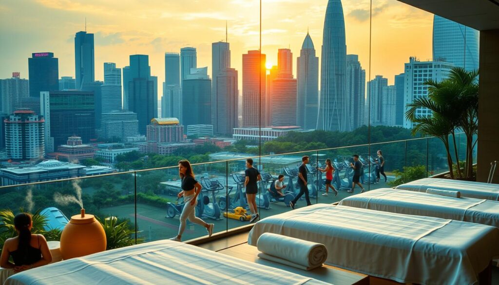 A bustling cityscape of Singapore, alive with vibrant wellness and lifestyle promotions. In the foreground, a serene spa setting with plush massage beds and calming aromatherapy diffusers. In the middle ground, a modern fitness studio filled with sleek exercise equipment and energetic patrons. In the background, towering skyscrapers and lush greenery, basking in the warm, natural light of a golden hour sunset. The atmosphere is one of urban tranquility, where the fast-paced city has been infused with a sense of holistic rejuvenation. The image conveys a harmonious blend of Singapore's dynamic urban landscape and its growing wellness-focused lifestyle.